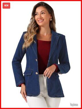 Notched Lapel Denim Blazer Shoulder Pad Long Sleeve Casual Work Jacket